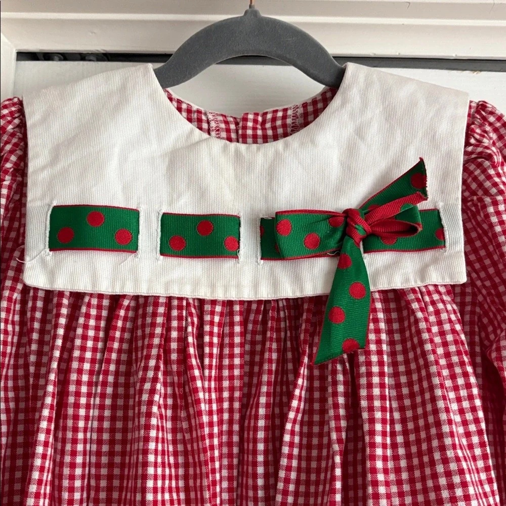Vintage Christmas Peaches n Cream Red Gingham Polka Dot Ribbon Prairie Dress